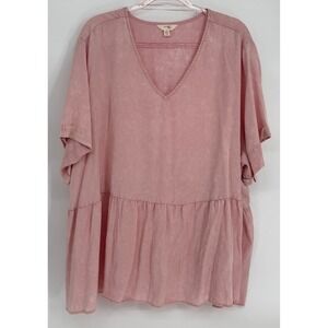 Terra & Sky Womens Pink V-Neck Peplum Babydoll Top Short Sleeve Sz 4X 30W